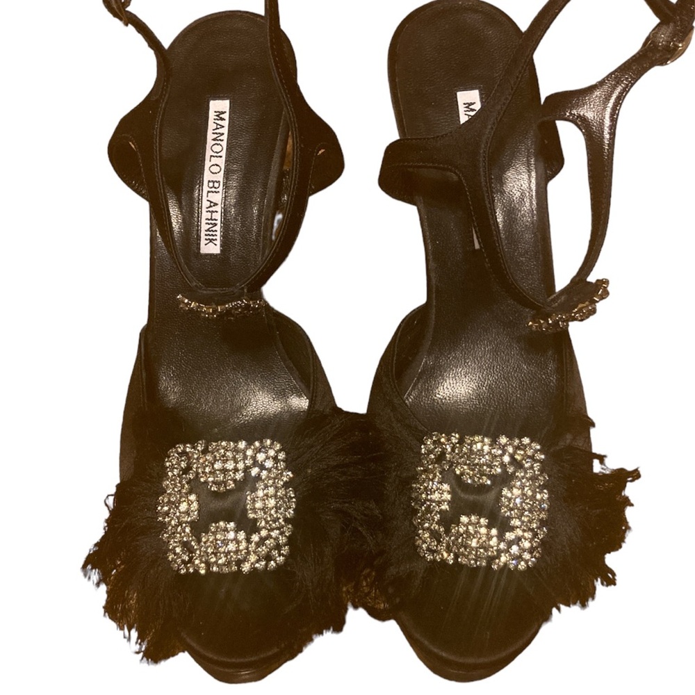 Manolo Blahnik Strap Sandals With Hangisi Buckle & fringe feathers